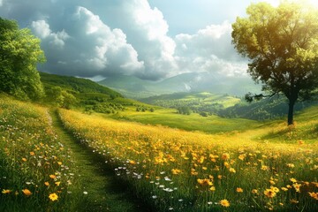 Vibrant wildflower field under a cloudy sky in the countryside during late afternoon
