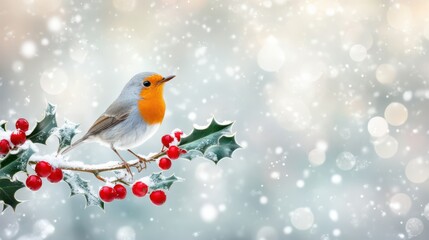 Winter Robin's Perch: A charming European robin perches on a snow-covered holly branch laden with vibrant red berries, surrounded by a delicate snowfall, evoking a sense of winter wonderland.