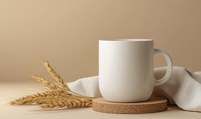 mockup of a blank white mug with a wooden coaster, on the table next to it is a cloth napkin and a wood cut from a wheat plant