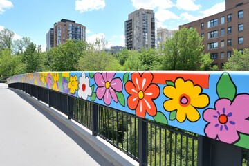 A colorful footbridge with bright murals and street art, adding vibrancy to the urban environment
