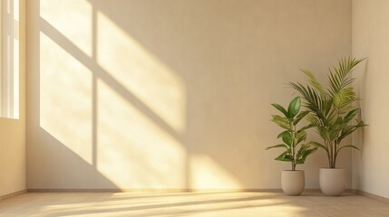 Fototapeta premium Neutral-toned empty living room with a softly textured wall, open space, and cozy ambiance, perfect for a modern home decor mockup.