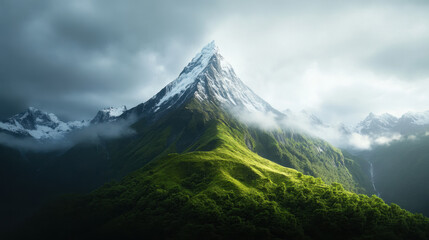 Majestic mountain peak surrounded by lush greenery and misty clouds, showcasing breathtaking natural landscape. snow capped summit contrasts beautifully with vibrant green slopes