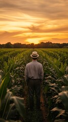 Fototapeta premium Standing in a lush cornfield, a farmer gazes at the stunning sunset, contemplating the fruits of labor. The warm hues of orange and gold illuminate the peaceful countryside