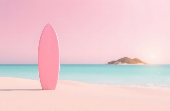 A pink sunset on the beach and a pink surfboard create a peaceful picture. The concept of vacations, vacations, and hobbies