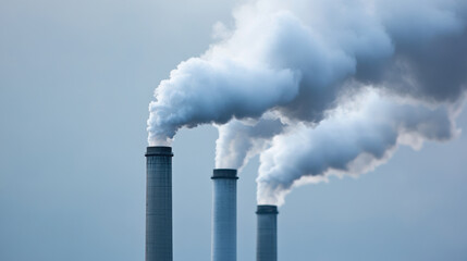 Detailed close up of factory smokestacks releasing thick smoke into sky, showcasing industrial pollution and environmental impact