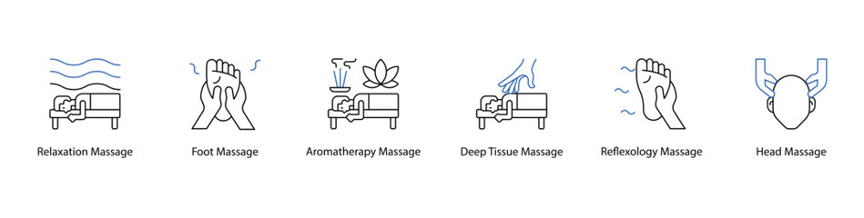 Relaxation and Wellness Icons, Various Massage Techniques for Stress Relief