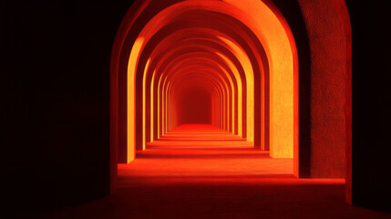Fototapeta premium Endless corridor of repeating arches with vibrant orange glow for interior design or architecture concept
