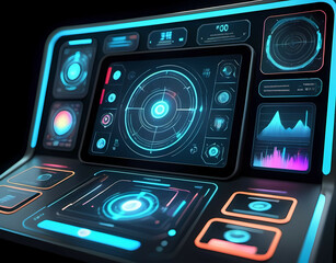 Fototapeta premium A futuristic control panel with holographic AI analytics displayed. Generative AI