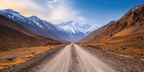 Naklejka premium challenging road stretches through majestic mountains, showcasing rugged terrain and stunning natural beauty. landscape evokes sense of adventure and exploration