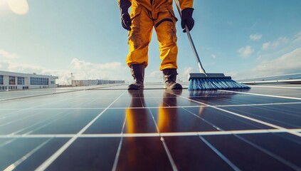 Obraz premium Worker in Yellow Suit Cleaning Solar Panels on a Rooftop