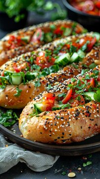  Healthy and fresh snack: simit with vegetables and hummus