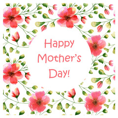 Mothers day greeting card. Watercolor gift card with floral ornament, pink rose flowers illustration on background for mothers day gift