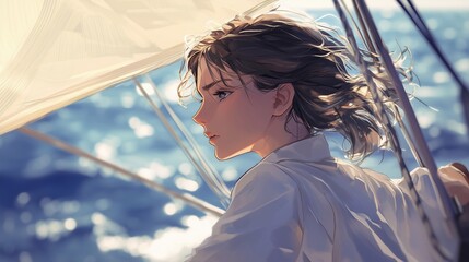 Anime-style illustration of a person in a close-up shot on a sailing yacht, with the ocean breeze gently tousling their hair.