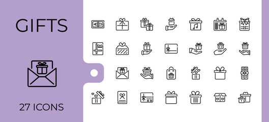 Gifts icon set. Pack of christmas, holiday, buy, offer, event, app, price, celebrate. Line with editable stroke. Minimalistic icons.