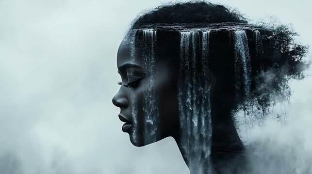 A surreal portrait of a woman with cascading waterfalls, symbolizing beauty and tranquility in nature, set against a misty background.