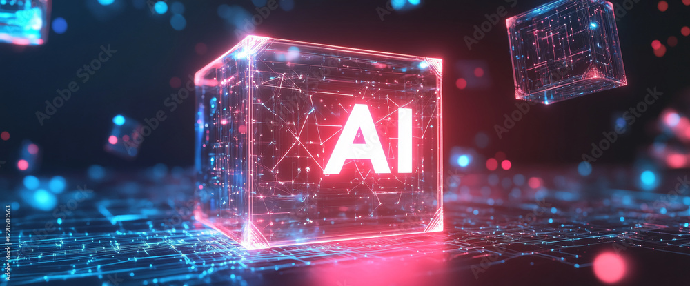 Poster 3D rendering of a glowing AI cube in a digital world, representing artificial intelligence, technology, and the future of data science and machine learning.