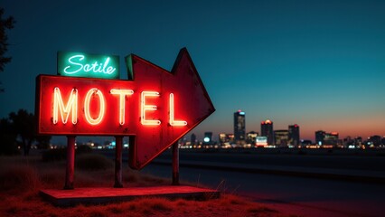 Motel neon sign, Retro neon motel sign with deep colors dusk sky half-lit vintage aged metal against city glow