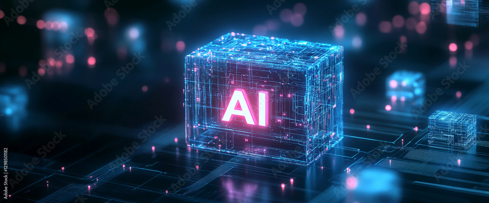 Poster 3D rendering of AI in a digital space, with glowing data cubes and vibrant neon lights, representing the concept of artificial intelligence and futuristic technology.