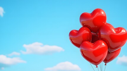 Bunch of red heart shaped balloons floating in the bright blue sky