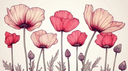 Obraz premium Delicate Floral Illustration, Pastel-Colored Poppies, Watercolour Style, Floral Background