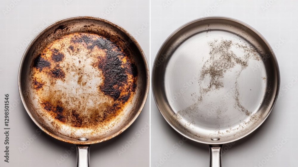 Aufkleber comparison of a dirty frying pan and a clean frying pan, showcasing effective cleaning methods for c