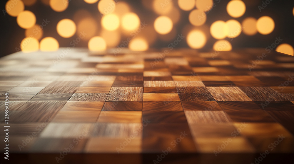 Poster close-up of a wooden floor with a checkered pattern, featuring a warm and bokeh background, symboliz