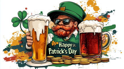 Happy Saint Patricks day, Irish holiday with leprechaun gold on white background. Ireland festival symbol of lack. Shamrock , top hat, beer and coins.