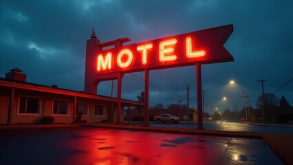 Motel neon sign, Vintage motel neon sign at dusk wet asphalt reflections warm tones retro font partially flickering.