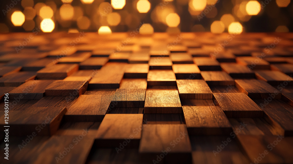 Poster close-up of a wooden floor with a checkerboard pattern and warm bokeh background, symbolizing natura