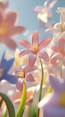 Fototapeta premium Dreamy floating spring flowers in soft pastel tones with elegant light reflections. Generative AI