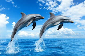 A deep blue ocean with dolphins jumping out of the water playfully