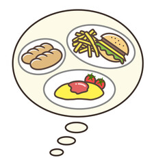 Food on some plates in a speech bubble