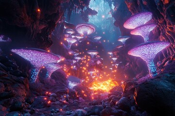 Luminous mushrooms in a vibrant cave