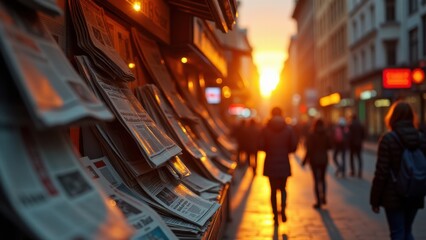 Newspaper with Jobs, A newsstand overflows with vibrant newspapers under a warm dawn sky