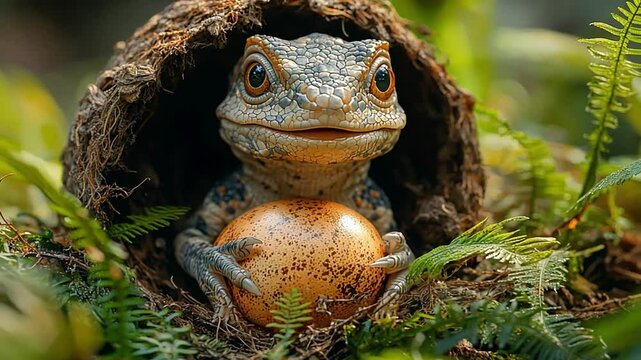 Guardian of the Golden Egg: A captivating lizard, its gaze captivatingly focused, cradles a golden egg within a cozy nest of organic elements, the very essence of nature's enigmatic beauty.