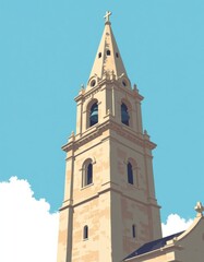 Fototapeta premium Tall stone church bell tower, minimalist flat color illustration, clear blue sky background, copyspace on the left, bright daylight, for marketing materials or editorial use