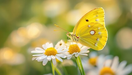 Obraz premium Yellow Butterfly on White Daisies in a Green Field