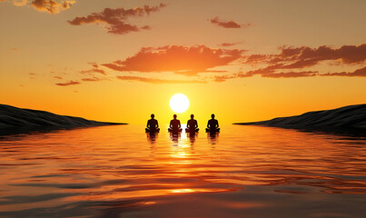 Fototapeta premium Meditation at Sunrise by Group of People on Calm Water Surface