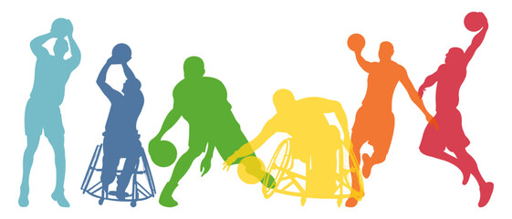 Silhouettes of basketball players.Set of professional basketball players and basketball players in wheelchairs. Adaptive sport concept.Horizontal banner for sports schools.Vector illustration.