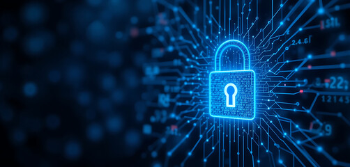 abstract block chain technology cyber security theme dark blue background with glowing digital lock which indicates strong protection, intricate details, shimmering network lines in the back with blur