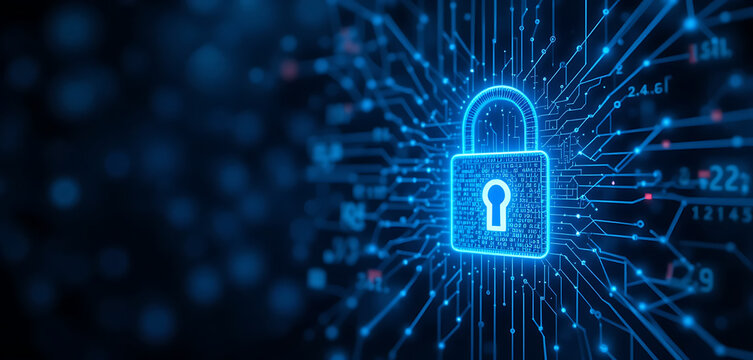 abstract block chain technology cyber security theme dark blue background with glowing digital lock which indicates strong protection, intricate details, shimmering network lines in the back with blur