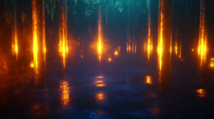 Enchanted forest with glowing lights and mystical atmosphere