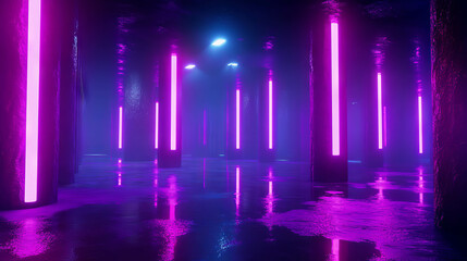 Vibrant neon light columns in dark reflective space for futuristic design