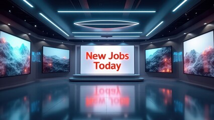 Newspaper with Jobs, Minimal newsroom glowing Jobs Today headline soft sidelight modern monitors reflections sleek design.