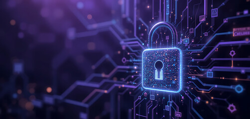 abstract block chain technology cyber security theme dark purple background with glowing digital lock which indicates strong protection, intricate details,