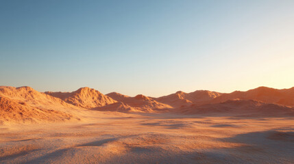 Fototapeta premium vast desert landscape with rolling sand dunes and mountains under clear blue sky, evoking sense of tranquility and isolation