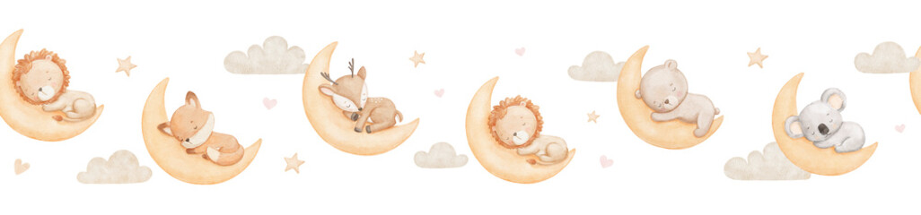 Seamless border with baby fox, bunny and bear sleeping on moon, watercolor illustrations. Woodland animals, repeating hand drawn design on white background for nursery