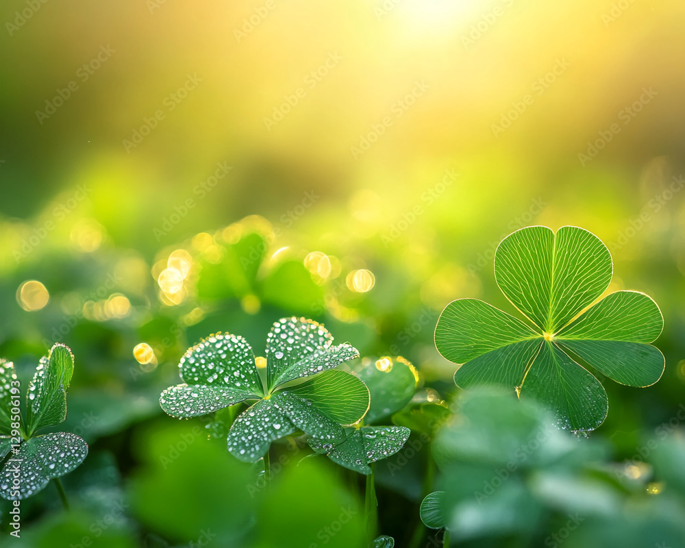 Poster Close-up of fresh green clover leaves with dew drops in the morning sunlight. The vibrant greenery and soft bokeh background create a refreshing and calming atmosphere, symbolizing luck.