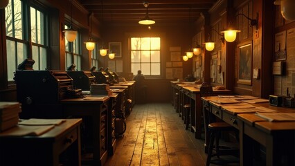 Newspaper with Jobs, Vintage newspaper office with job ads under warm lights textured desks and golden shadows.