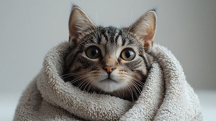 Cute tabby cat wrapped in towel high resolution hd photo